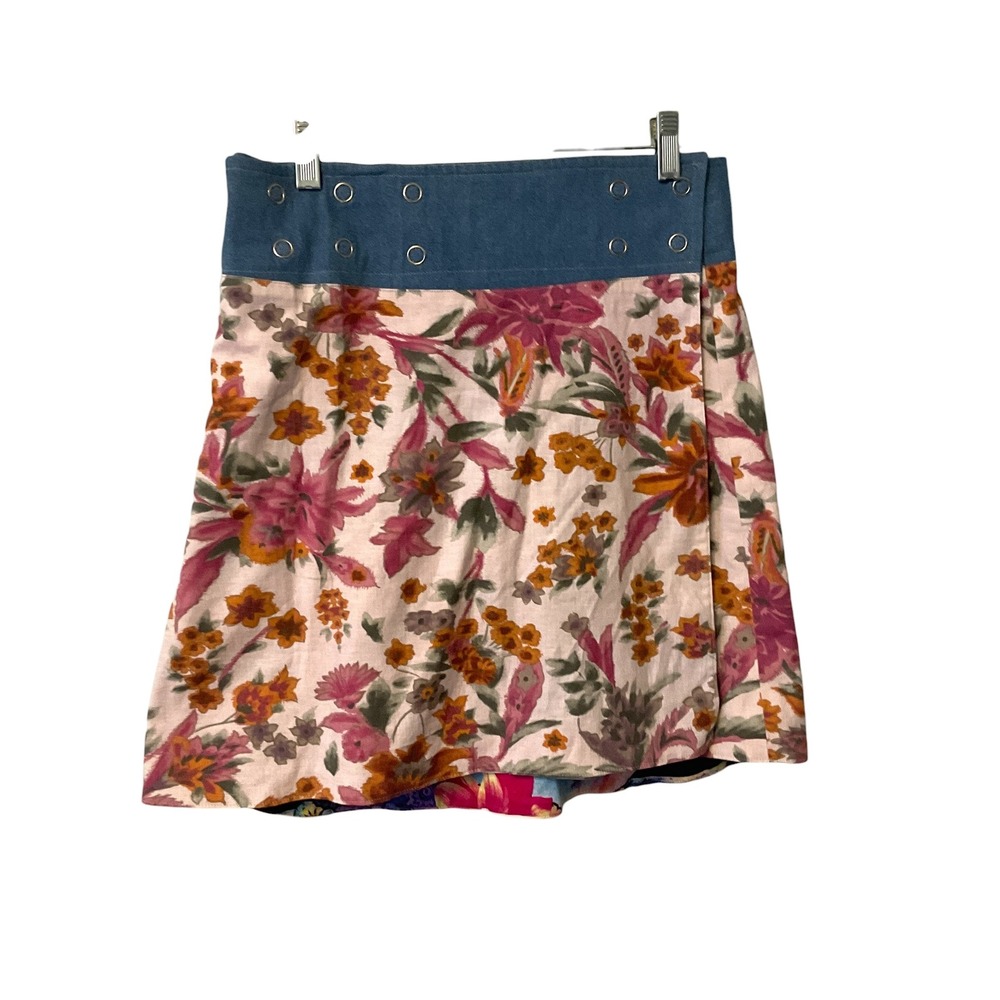 Sandra Maria Reversible Wrap Skirt Floral Artist Print Denim Waist Mini SZ L/XL - Picture 2 of 7